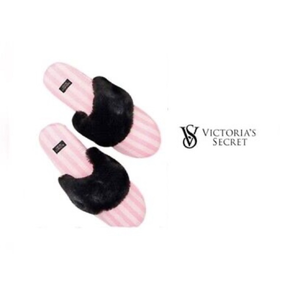 VICTORIA’S SECRET ICONIC STRIPE PINK White Faux Fur Slippers Size M
